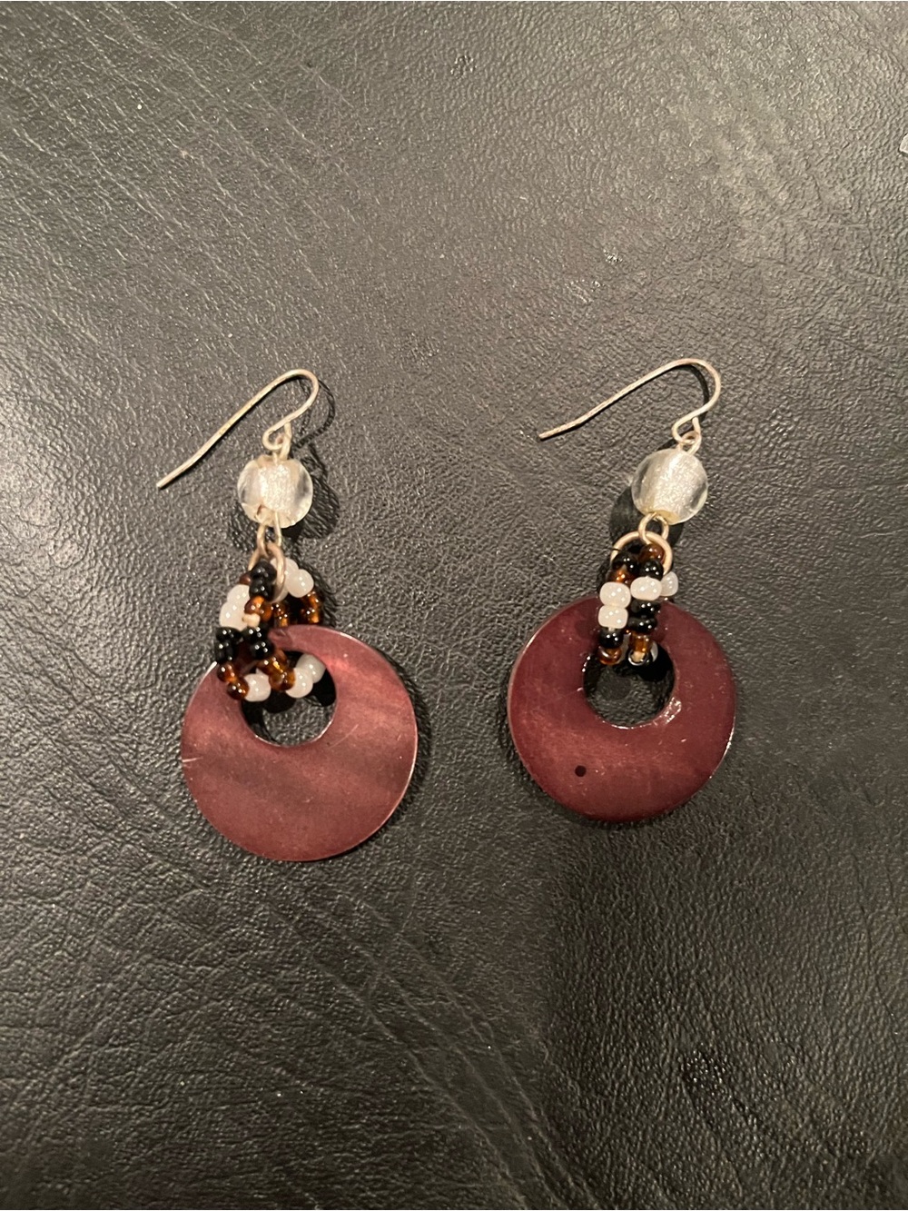 Handcrafted Dark Maroon Disc Dangle Earrings with Bead Accents